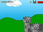 Screenshot of Defend Your Castle game showing stick figures attacking a castle wall, player is throwing one into the air, free action defense game