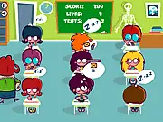 Texting In Class game screen showing a student secretly using a phone under the desk with a teacher looking away at the blackboard.