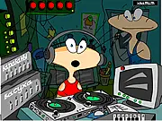Screenshot of the DJ Mixer online game interface with turntables, mixing board, and sound controls. Create music and funky beats.