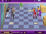 The game board of Totally Spies Spy Chess, showing the animated characters Sam, Clover, and Alex as chess pieces.
