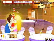 Screenshot from Flirt and Kiss game showing a couple trying to kiss in a restaurant without getting noticed by other patrons, timing puzzle game free