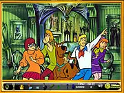 Scooby-Doo Hidden Objects online game screenshot, Mystery Inc. gang finding clues, play free hidden object puzzle