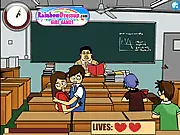 School Kissing Break free online game screenshot showing two students trying to secretly kiss each other in a classroom while avoiding a cranky teacher on PlayArcadeHub.Net