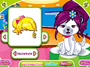The Pet Hairstyle Design game interface showing a cute dog getting its hair washed and styled with various grooming tools visible on the screen.