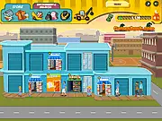 Mall Mania game screenshot showing a busy shopping center with various stores and happy customers