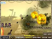 Roly-Poly Cannon 3 game screenshot showing a cannon aimed at stacks of roly-poly characters, some good and some evil. Play free online physics puzzle game.