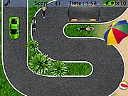 Screenshot of Beachside Parking free game showing a yellow super car driving slowly between cones and obstacles near a sandy beach with palm trees.
