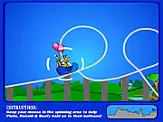 The Crazy Rollercoaster game screen, showing Pluto, Donald, and Goofy on a speeding rollercoaster cart, desperately holding on to their balloons.