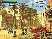 Zombie Slaughter free online shooting game screenshot showing a defender gunning down a wave of approaching zombies