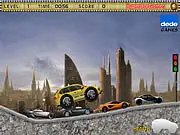 Taxi Truck Monster Drive online game thumbnail, showing a large yellow taxi monster truck navigating rough, obstacle-filled terrain