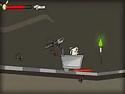 Gameplay screenshot of Zayo 2 showing the protagonist Zayo, a small character with a weapon, fighting a large, green bunny-eating zombie in a dark environment.