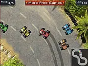 The main screen for Monster Truck Racing showing a brightly colored, oversized monster truck driving across a bumpy, dirt track with a nitro power-up visible.