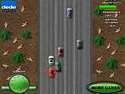 Gameplay screenshot of the Army Speeder game showing a military vehicle in a high-speed chase on a road.