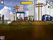 The Mass Mayhem game screen showing a character riding a missile into a scene of chaotic destruction and explosions