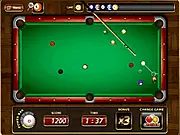 The cue ball breaking the rack on a pool table in the free online billiards game, Penthouse Pool
