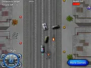 Highway Justice free online game screenshot showing a police car aggressively chasing a suspect vehicle through busy city traffic