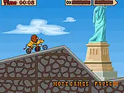 A screenshot of Cycling Challenges showing a biker in mid-air performing a flip over a large jump on a mountain course.