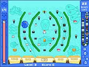 Sushi Cat 2 free online puzzle game, featuring the large blue cat dropping and bouncing through a screen full of sushi and obstacles