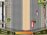 Gameplay image of the Rush n Rescue fire engine game, showing a red fire truck speeding down a city street while dodging civilian cars.