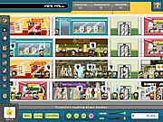 Screenshot of the Shop Empire management game showing a top-down view of a bustling, multi-level pixel art shopping mall with shops and visitors.