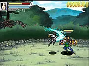 The fight screen of Naruto GG 08, showing two main characters locked in a colorful, action-packed battle with health and chakra bars visible at the top.