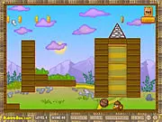 Screenshot of Roly-Poly Eliminator game showing red and blue roly-poly characters on a structure made of wooden blocks and metal shapes.