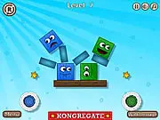 Gameplay screenshot of Color Joy showing red and blue shapes being guided toward their colored portals using physics blocks