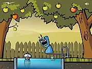 Monst free point and click puzzle game on PlayArcadeHub, blue monster solving a chain-reaction puzzle to scare a victim