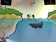 Feed Us 2 game screenshot, a blood-covered piranha attacking a swimmer in the ocean.