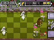 Monster's Lawn Defense game screenshot, cartoon defensive units protecting a green lawn from silly looking zombie monsters.