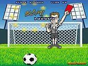 Kick The Ref game screenshot showing a soccer player kicking a referee into the air for points, free arcade game online