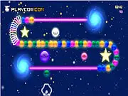 Neon Pinball Zuma free online game screenshot, showing a winding chain of glowing neon colored balls and a shooter cannon ready to fire