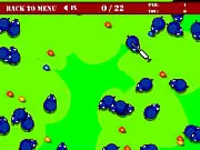 Screenshot of Save the Farm FLU! game showing red infected piggies and pink healthy piggies, with a syringe icon ready to start a chain reaction.