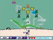 Gameplay screenshot of Prevent The Infection, showing a skin cell (Pilly) at the bottom firing pills at waves of incoming colorful germs and viruses.