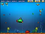 Gameplay screenshot of the Green Submarine game, showing a small green submarine aiming its cannon at chained sunken ships and underwater wreckage.