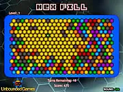 Screenshot of the Hex Fill game showing a hexagonal grid map divided into different colored territories, illustrating a strategy puzzle.