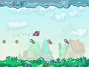Fluffy Aliens arcade game screenshot showing a cute alien character flying upwards between spiky obstacles to collect stars.