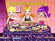 A fully set Thanksgiving table featuring a roasted turkey, pumpkin pie, and autumnal decorations in the Decorate Thanksgiving Dinner online game