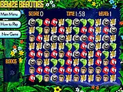 Screenshot of Belize Beauty Online game board showing clusters of colorful, exotic icons like flowers, shells, and tropical fruits ready to be matched and cleared.