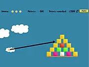 Boxez physics shooter game screenshot, three colored balls aiming at a stack of boxes and gems
