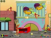 Ben 10 City Protector game screenshot, Ben Tennyson transformed into an alien hero fighting Swampfire in a city street.