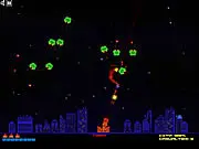 Screenshot of the Earth vs Aliens defense shooter game, showing anti-aircraft fire exploding against alien ships descending over Earth's cities.