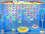 Gameplay screenshot of BubblePressure, showing a grid filled with colorful bubbles, with the player's cannon and score interface visible.