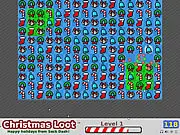 Screenshot of Christmas Loot free online Match-3 game with festive icons like gifts, ornaments, and frozen tiles