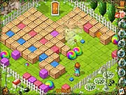 Dreamwoods free online match-3 puzzle game screenshot showing the little girl Emmy, her toy-rabbit, and a fairy in a bright, magical forest