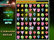 Screenshot of Cosmos Gems game board filled with colorful, glittering jewels and showing a line of three matching gems about to be destroyed.