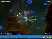 Screenshot of GlueFO 3 free online space shooter game showing a ship flinging a small asteroid at a large rock with enemy ships nearby