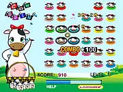 Cow Spin game screen, matching three or more cow and farm-themed pictures in a puzzle grid online