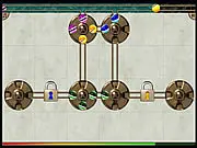 GudeBalls game screen, colored balls moving on rotating plates and rails in a fast-paced puzzle game online