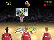 Gameplay screenshot of BBall Shoot-Out, showing two cartoon basketball players jumping to shoot a basketball into the hoop on a red and yellow court.